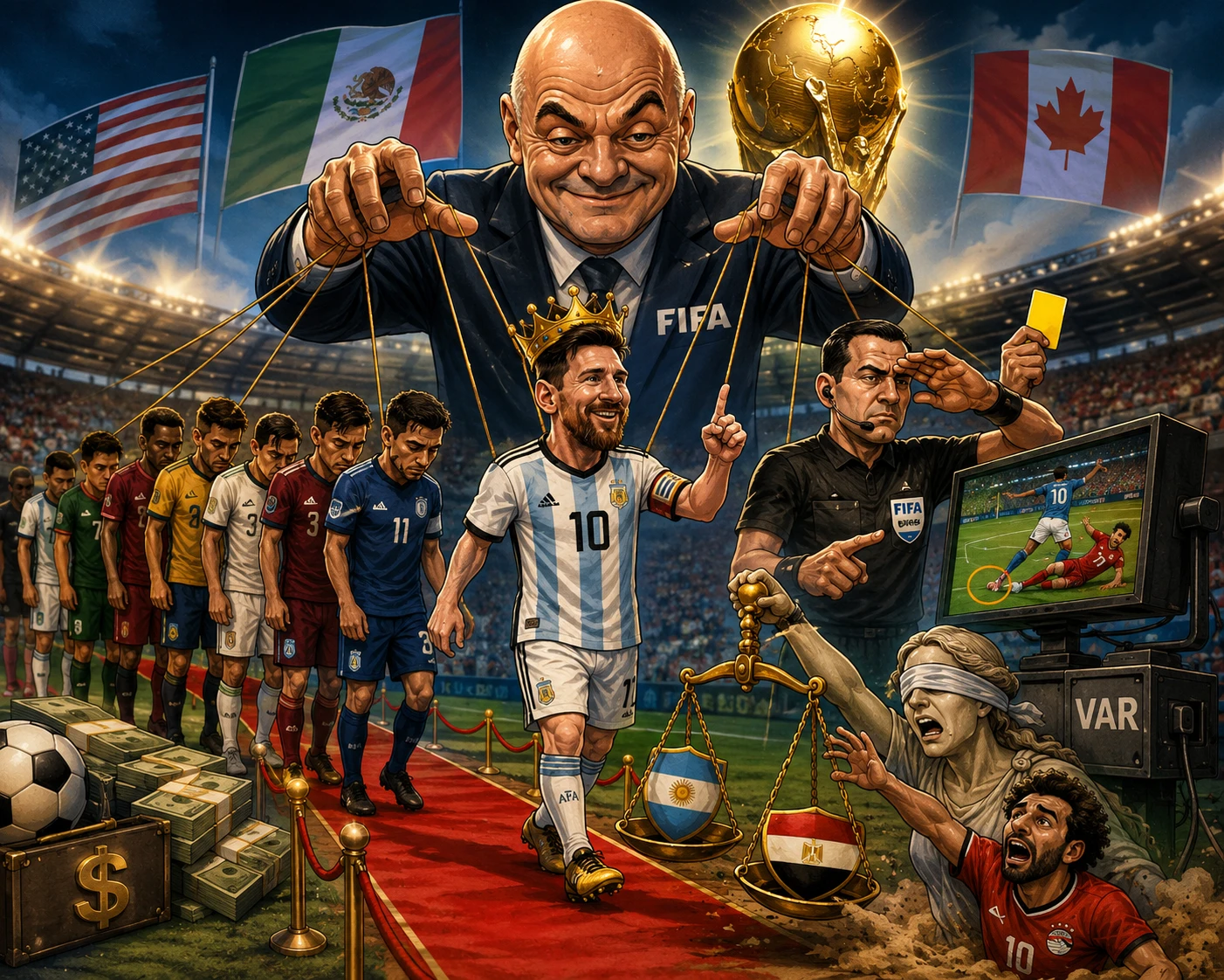 Kontroversi membayangi Piala Dunia saat kepercayaan publik terhadap fair play dipertanyakan dunia sepak bola. (Ilustrasi: ChatGPT).